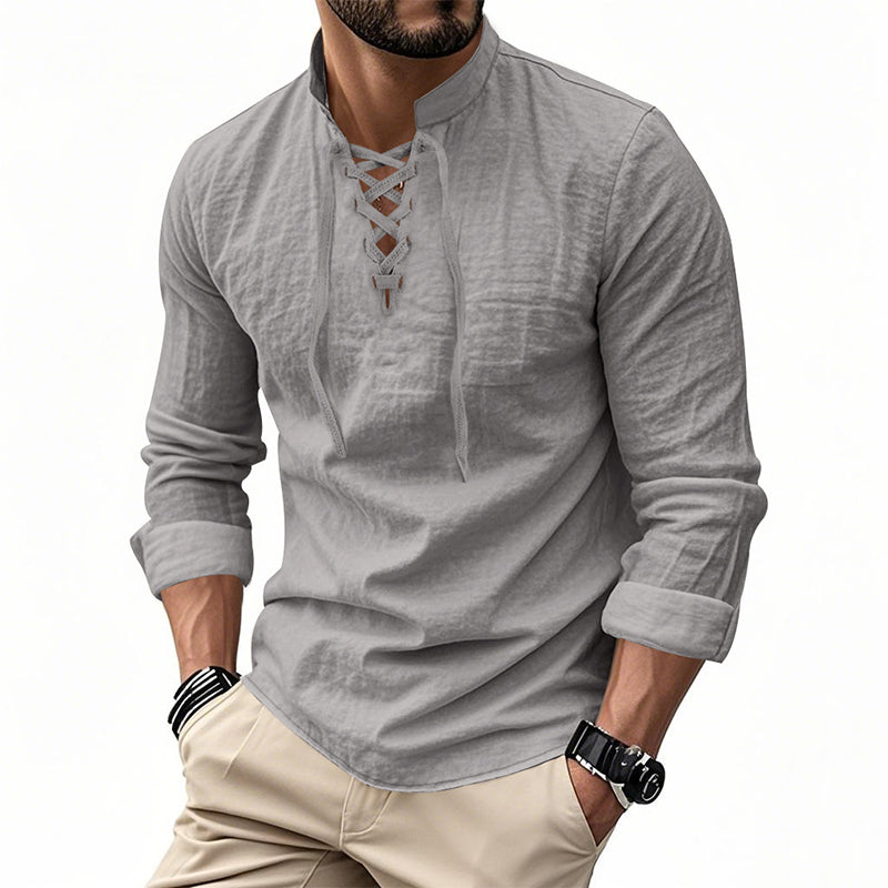 🔥Oferta por Tiempo Limitado🔥 Camisa Casual de Color Sólido para Hombre – Cuello Mao con Cordón Ajustable