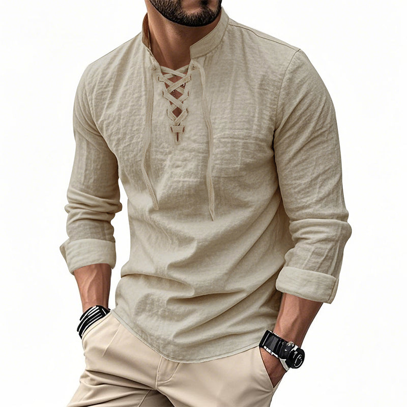 🔥Oferta por Tiempo Limitado🔥 Camisa Casual de Color Sólido para Hombre – Cuello Mao con Cordón Ajustable