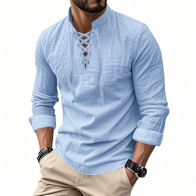 🔥Oferta por Tiempo Limitado🔥 Camisa Casual de Color Sólido para Hombre – Cuello Mao con Cordón Ajustable