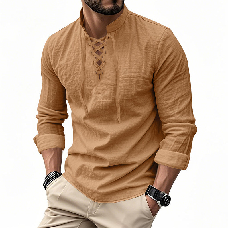 🔥Oferta por Tiempo Limitado🔥 Camisa Casual de Color Sólido para Hombre – Cuello Mao con Cordón Ajustable