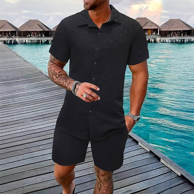 Conjunto informal de camisa y pantalones cortos de jacquard para hombre