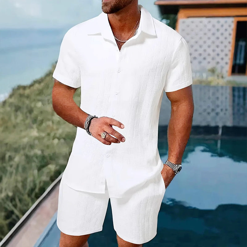 Conjunto informal de camisa y pantalones cortos de jacquard para hombre