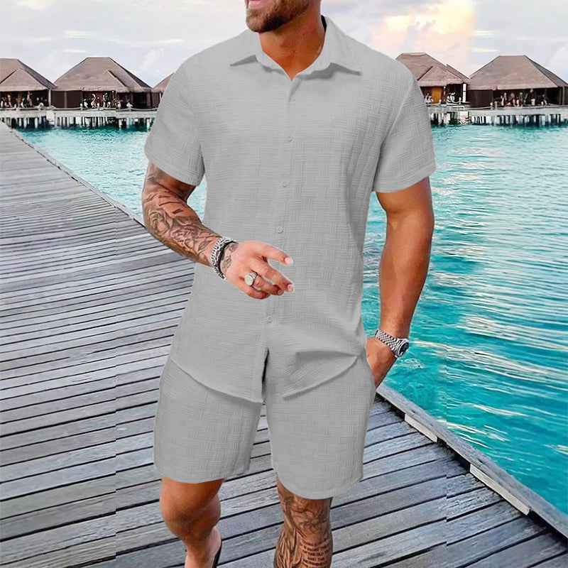 Conjunto informal de camisa y pantalones cortos de jacquard para hombre