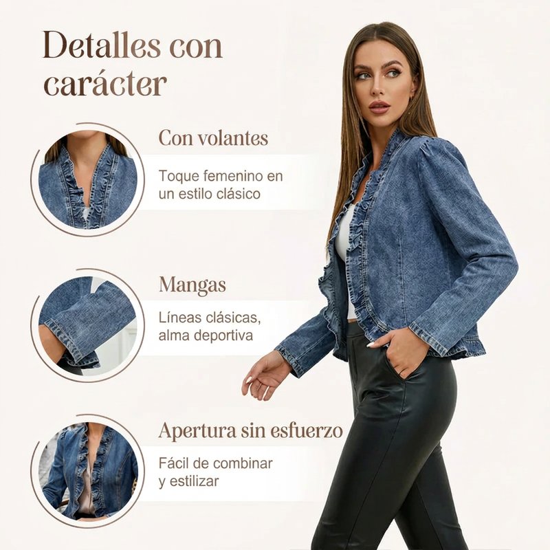🧥 ¡50% DE DESCUENTO POR TIEMPO LIMITADO! ✨ Chaqueta vaquera para mujer: diseño abierto, con volantes, ligera y lavado clásico ✨