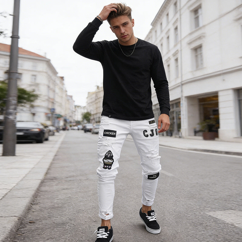🔥 ¡50% DE DESCUENTO AHORA! 👖 Vaqueros ajustados rotos para hombre – Diseño con parches modernos y denim resistente 🎨👟