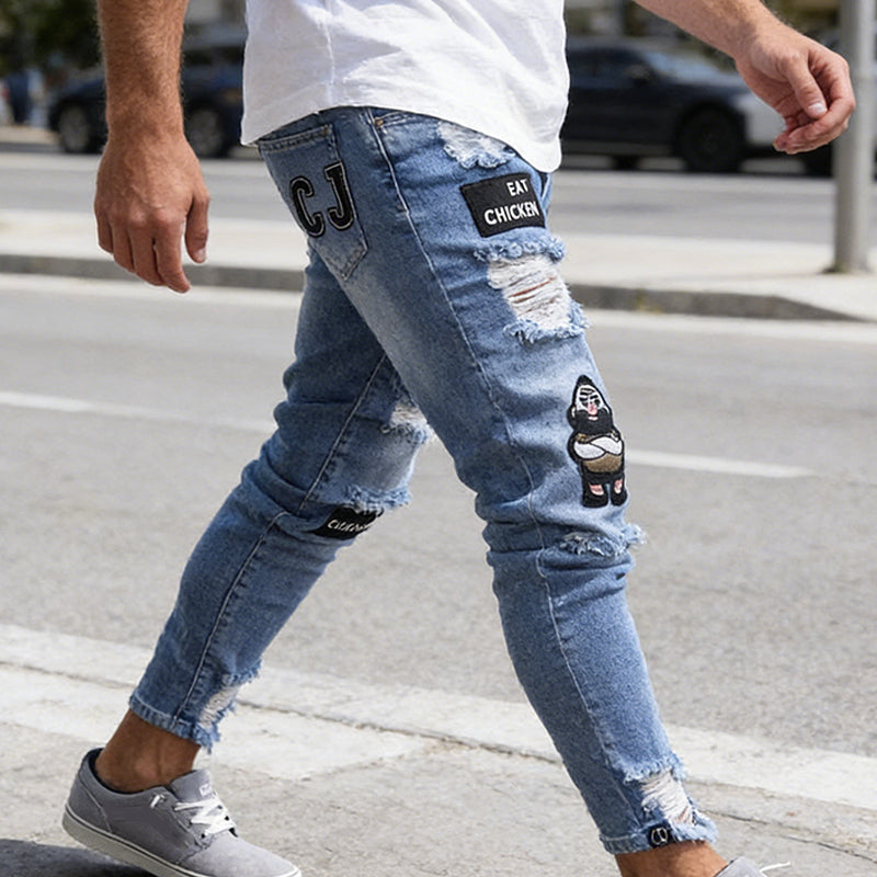 🔥 ¡50% DE DESCUENTO AHORA! 👖 Vaqueros ajustados rotos para hombre – Diseño con parches modernos y denim resistente 🎨👟