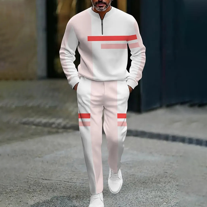 Conjunto de chándal de bloques de color con cremallera media para hombre