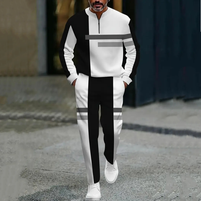 Conjunto de chándal de bloques de color con cremallera media para hombre