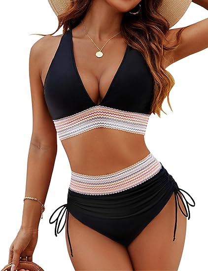 Conjunto de Bikini de Cintura Alta con Bloques de Color Y Control de Abdomen
