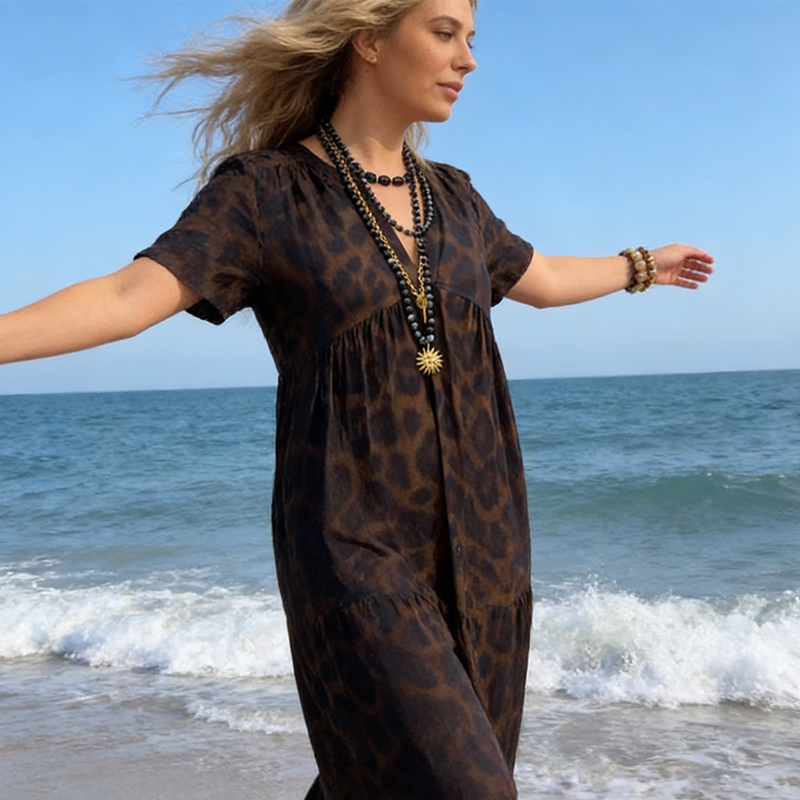 ⏰ ¡Oferta Limitada 50% OFF! 👗 Vestido Largo de Mujer con Escote en V y Estampado de Leopardo – Elegancia y Comodidad Todo el Día 🐆✨