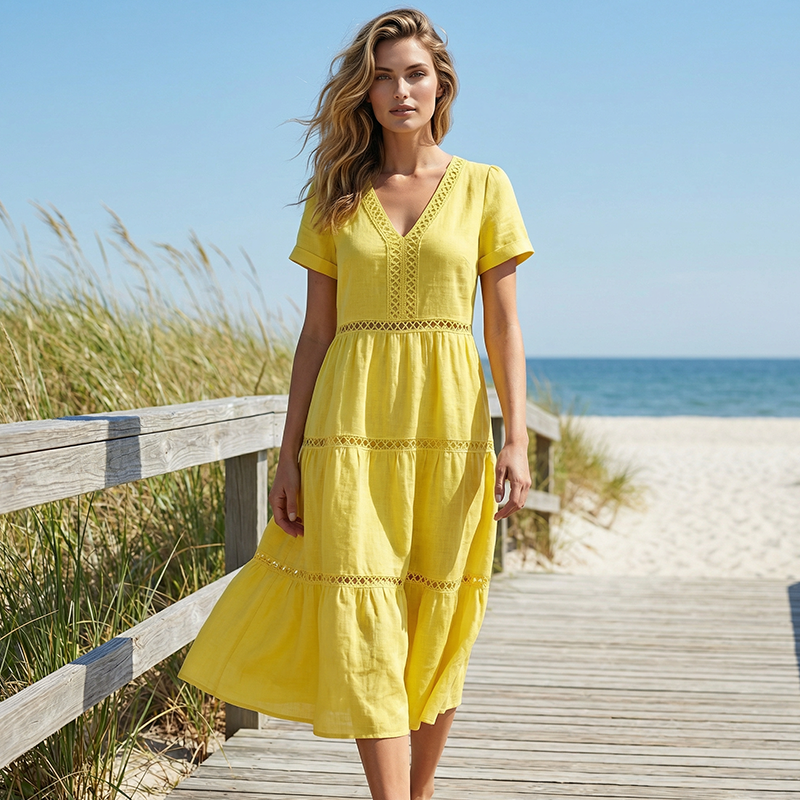 Vestido elegante de mujer con escote en V e inserción de encaje