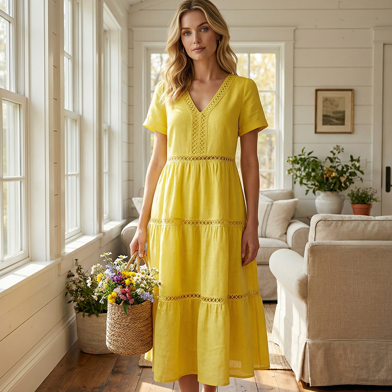 Vestido elegante de mujer con escote en V e inserción de encaje
