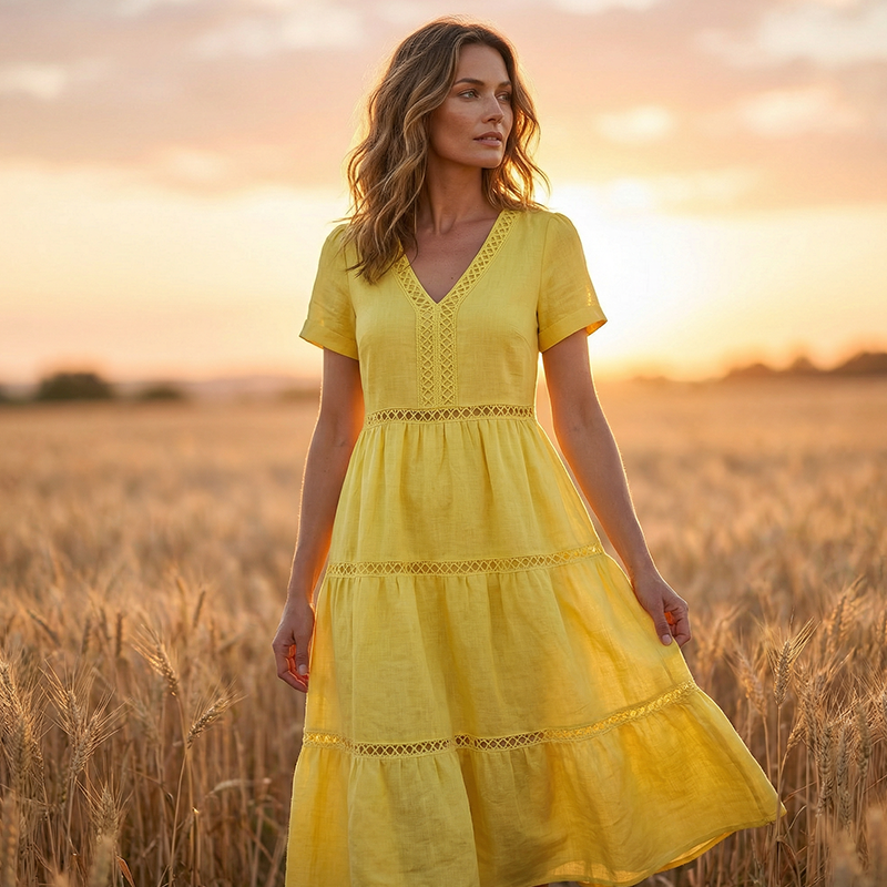 Vestido elegante de mujer con escote en V e inserción de encaje