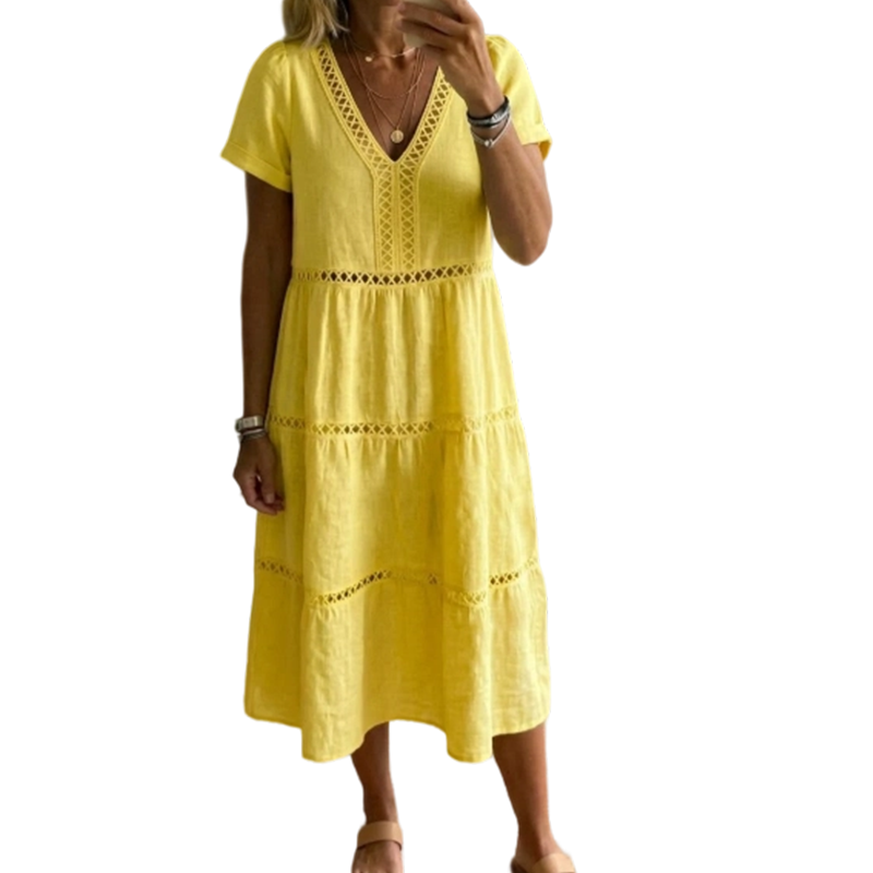 Vestido elegante de mujer con escote en V e inserción de encaje