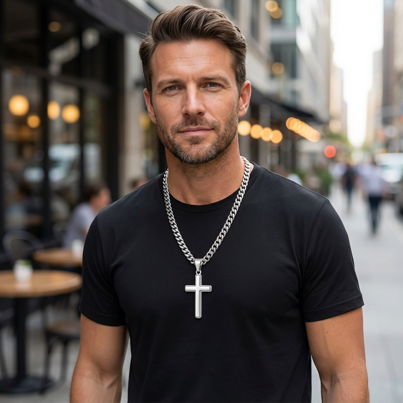 ⛓️ ¡50% DE DESCUENTO AHORA! ✝️ Colgante con cruz de acero inoxidable para hombre – Caja atemporal de símbolos, materiales duraderos y lista 🎁 para regalar