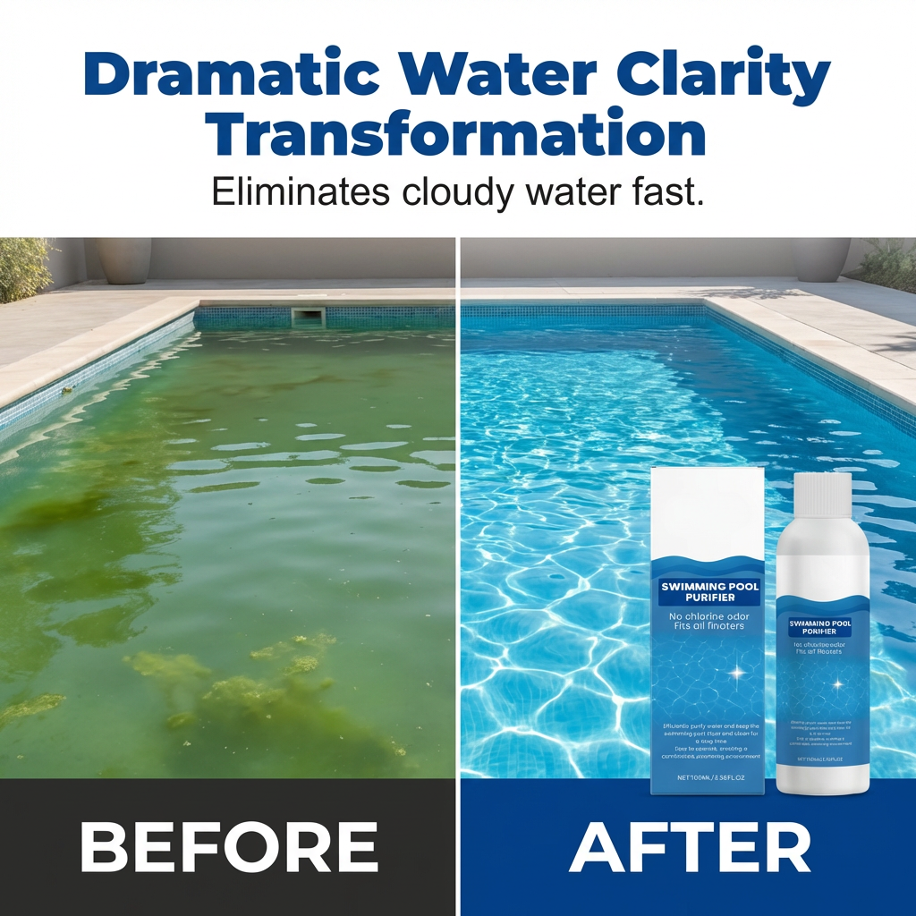 💧 Líquido purificador para piscinas: ¡Agua cristalina, sin complicaciones! ✨ Dile adiós al agua verde y a los químicos agresivos: solo agua pura y fresca en cada baño. 🏊‍♂️💙