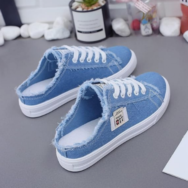 👡 ¡OFERTA POR TIEMPO LIMITADO 50% DE DESCUENTO! 🌀 Zapatillas Mule de Mezclilla para Mujer – Diseño Sin Talón, Bordes Deshilachados, Suela Plana y Estilo Casual Versátil ✨