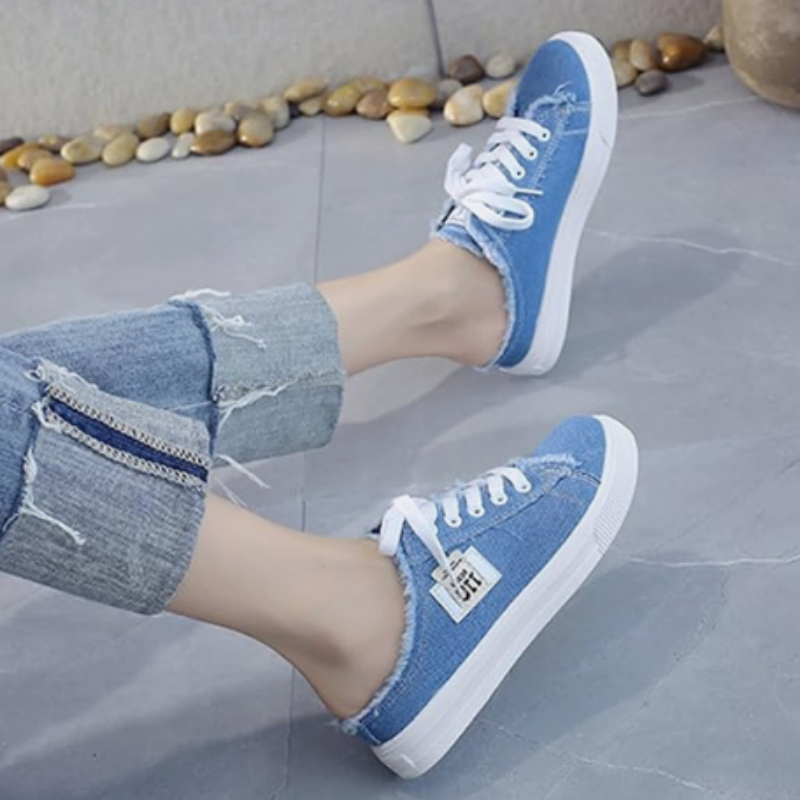 👡 ¡OFERTA POR TIEMPO LIMITADO 50% DE DESCUENTO! 🌀 Zapatillas Mule de Mezclilla para Mujer – Diseño Sin Talón, Bordes Deshilachados, Suela Plana y Estilo Casual Versátil ✨