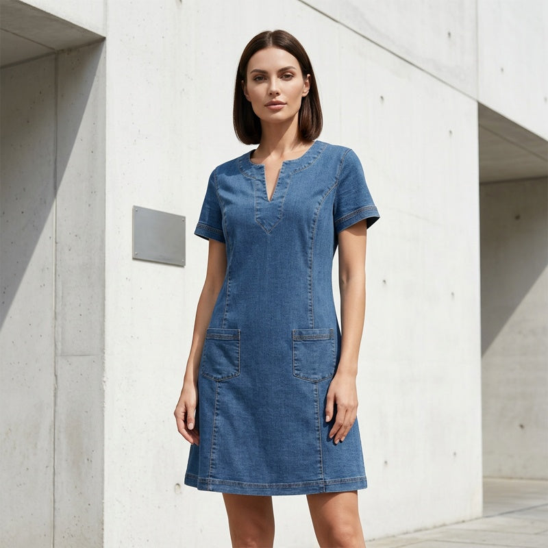 Vestido vaquero de manga corta y escote en V para mujer