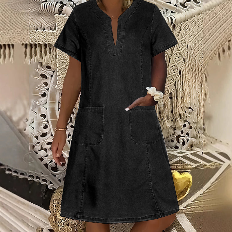 Vestido vaquero de manga corta y escote en V para mujer