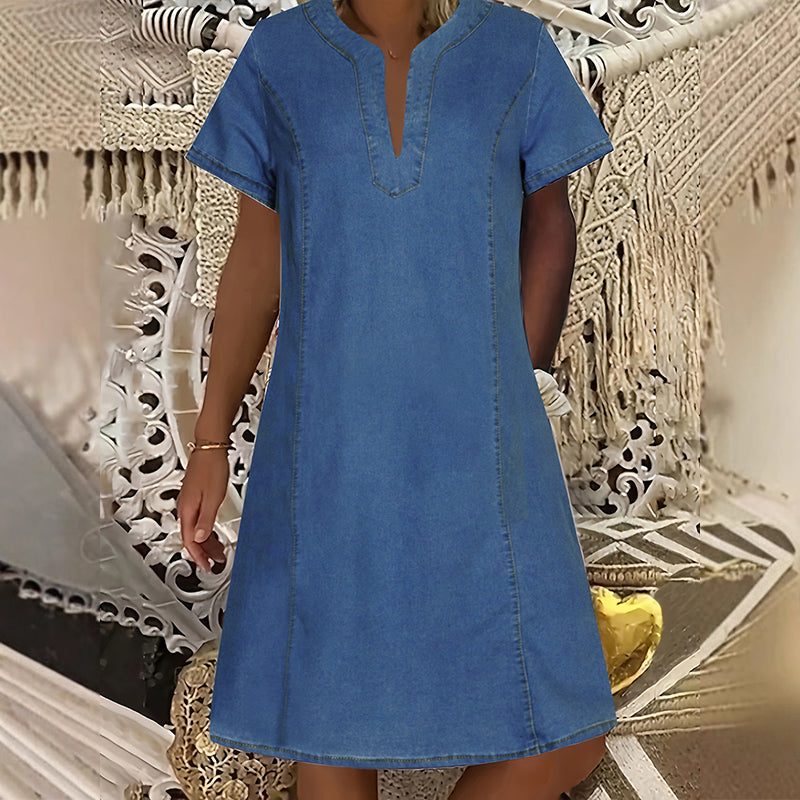 Vestido vaquero de manga corta y escote en V para mujer