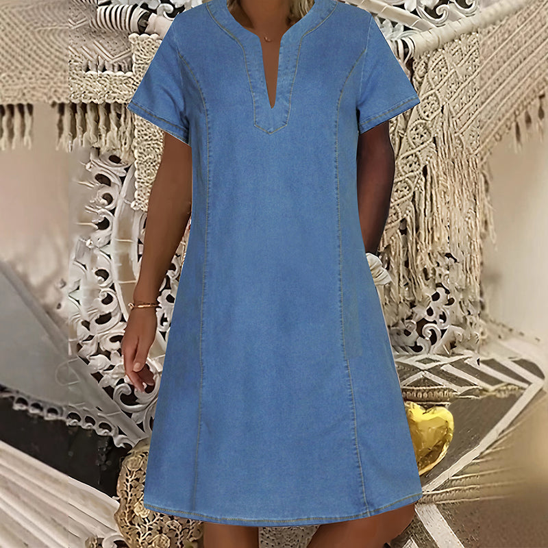 Vestido vaquero de manga corta y escote en V para mujer