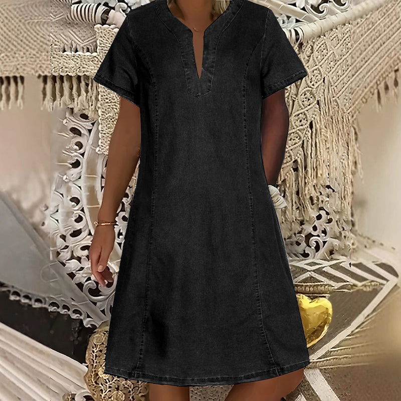 Vestido vaquero de manga corta y escote en V para mujer
