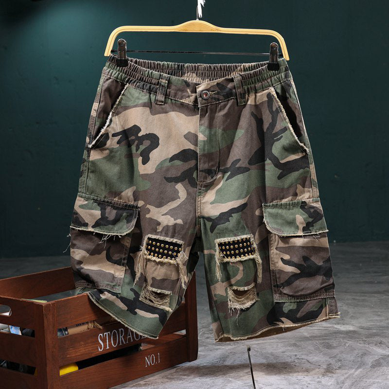 🩳 Pantalones cortos ✅ cargo de camuflaje con tachuelas de hombre estilo desgastado y comodidad en múltiples bolsillos | Look 🔥 rudo de streetwear
