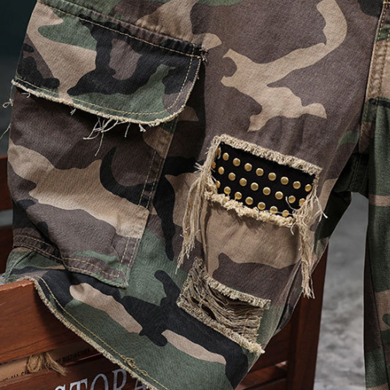 🩳 Pantalones cortos ✅ cargo de camuflaje con tachuelas de hombre estilo desgastado y comodidad en múltiples bolsillos | Look 🔥 rudo de streetwear