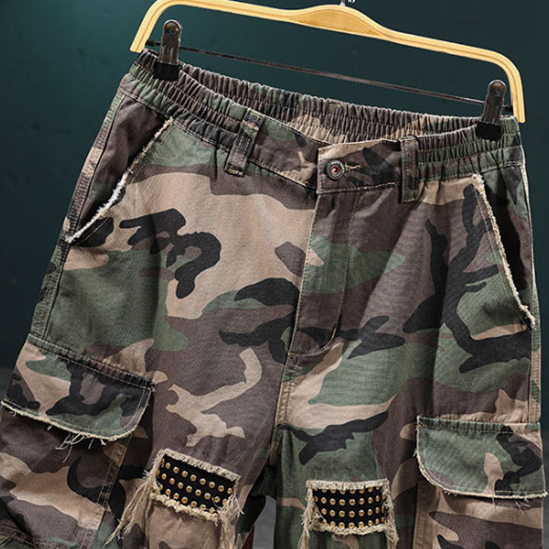 🩳 Pantalones cortos ✅ cargo de camuflaje con tachuelas de hombre estilo desgastado y comodidad en múltiples bolsillos | Look 🔥 rudo de streetwear