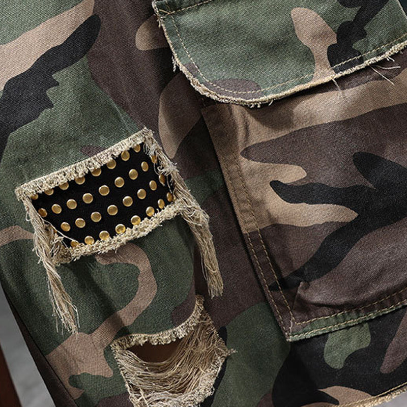 🩳 Pantalones cortos ✅ cargo de camuflaje con tachuelas de hombre estilo desgastado y comodidad en múltiples bolsillos | Look 🔥 rudo de streetwear