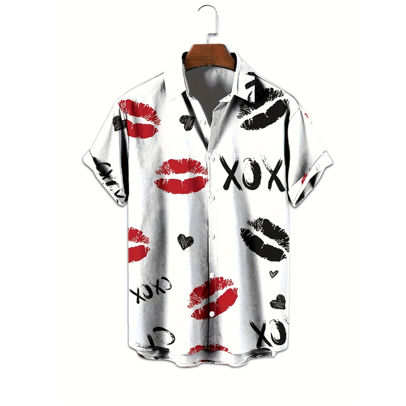 Camisa con botones de manga corta con impresión de beso para hombres