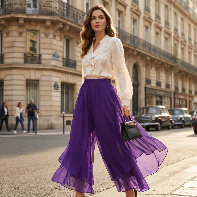 Pantalones de pata ancha de gasa asimétrica para mujer