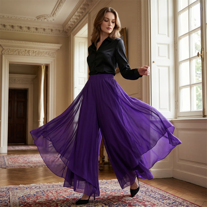 Pantalones de pata ancha de gasa asimétrica para mujer