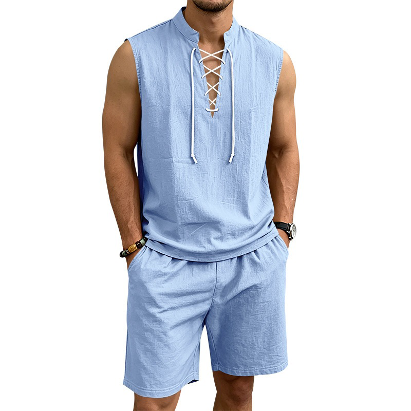 🧵 ¡50% DE DESCUENTO POR TIEMPO LIMITADO! ✨ Conjunto de lino sin mangas para hombre: top y shorts, con cordones, 7 colores ☀️