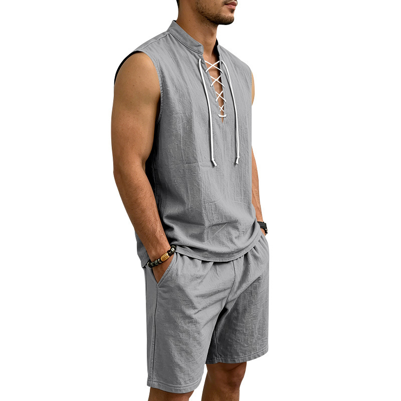 🧵 ¡50% DE DESCUENTO POR TIEMPO LIMITADO! ✨ Conjunto de lino sin mangas para hombre: top y shorts, con cordones, 7 colores ☀️