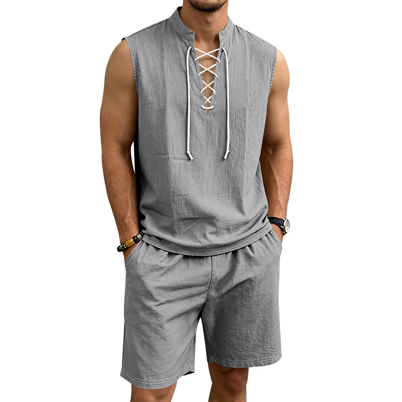 🧵 ¡50% DE DESCUENTO POR TIEMPO LIMITADO! ✨ Conjunto de lino sin mangas para hombre: top y shorts, con cordones, 7 colores ☀️
