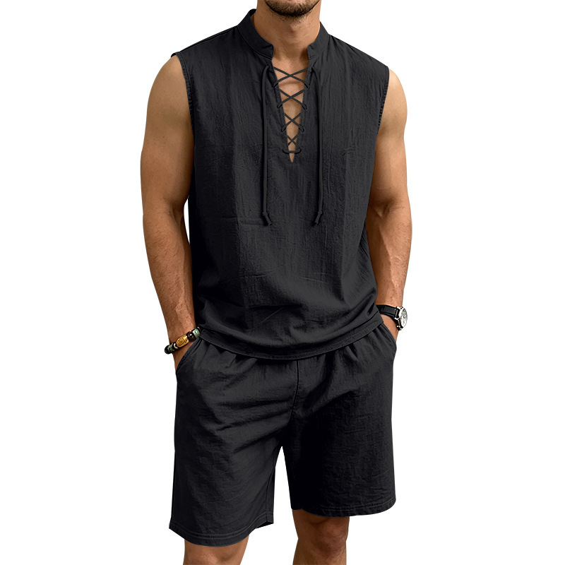 🧵 ¡50% DE DESCUENTO POR TIEMPO LIMITADO! ✨ Conjunto de lino sin mangas para hombre: top y shorts, con cordones, 7 colores ☀️