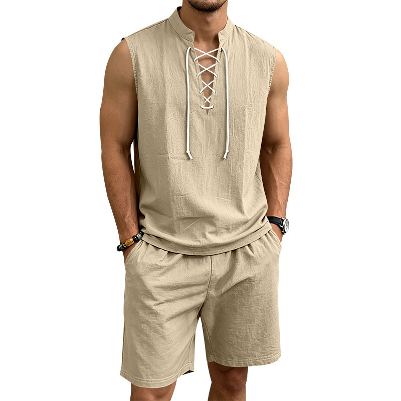 🧵 ¡50% DE DESCUENTO POR TIEMPO LIMITADO! ✨ Conjunto de lino sin mangas para hombre: top y shorts, con cordones, 7 colores ☀️