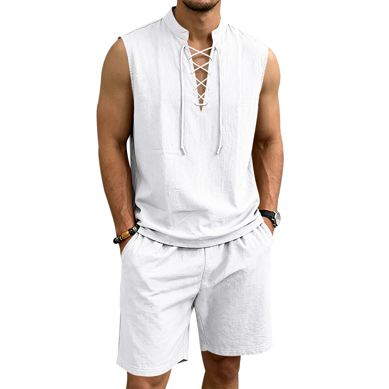 🧵 ¡50% DE DESCUENTO POR TIEMPO LIMITADO! ✨ Conjunto de lino sin mangas para hombre: top y shorts, con cordones, 7 colores ☀️