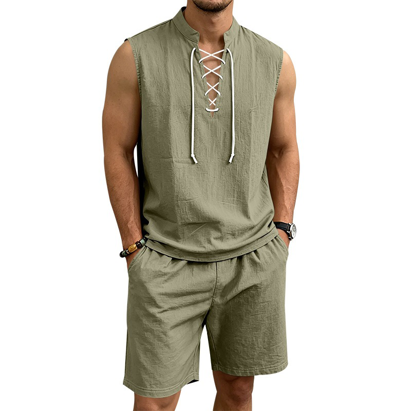 🧵 ¡50% DE DESCUENTO POR TIEMPO LIMITADO! ✨ Conjunto de lino sin mangas para hombre: top y shorts, con cordones, 7 colores ☀️