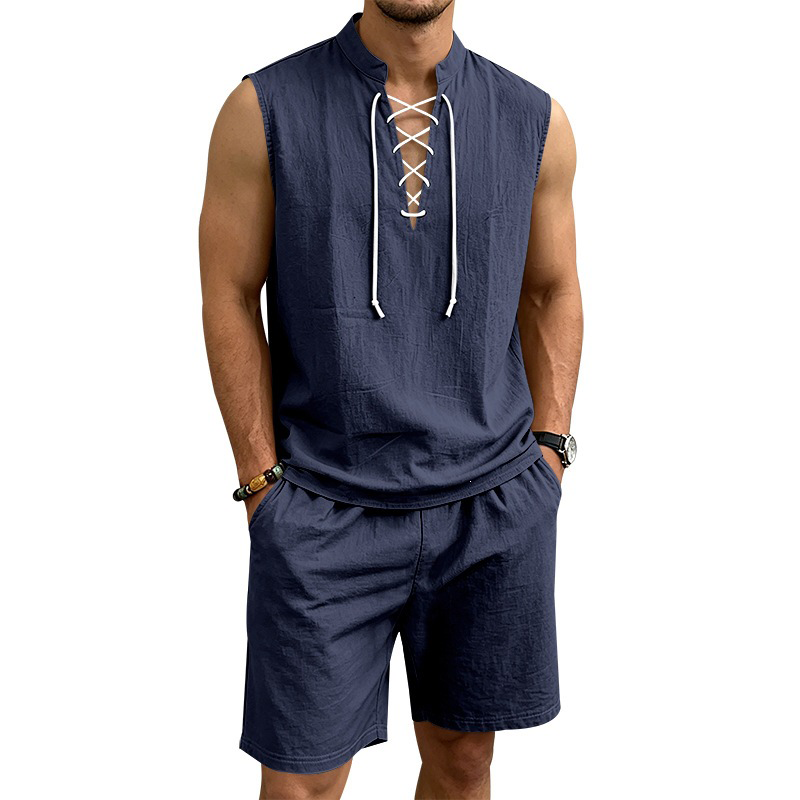 🧵 ¡50% DE DESCUENTO POR TIEMPO LIMITADO! ✨ Conjunto de lino sin mangas para hombre: top y shorts, con cordones, 7 colores ☀️