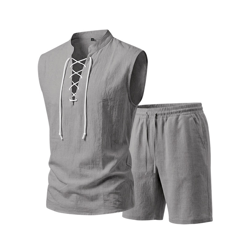 🧵 ¡50% DE DESCUENTO POR TIEMPO LIMITADO! ✨ Conjunto de lino sin mangas para hombre: top y shorts, con cordones, 7 colores ☀️