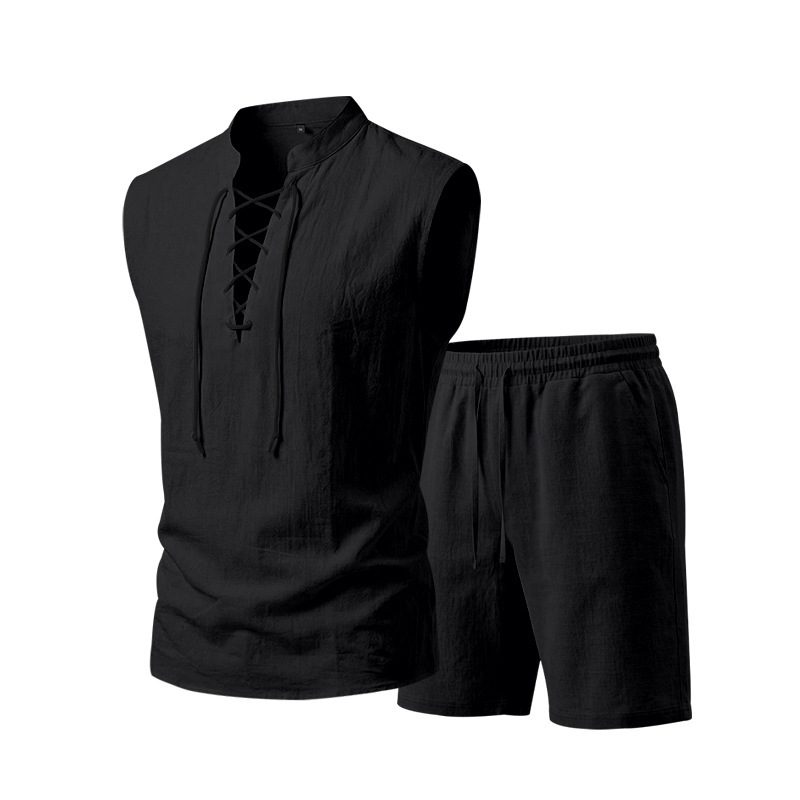 🧵 ¡50% DE DESCUENTO POR TIEMPO LIMITADO! ✨ Conjunto de lino sin mangas para hombre: top y shorts, con cordones, 7 colores ☀️