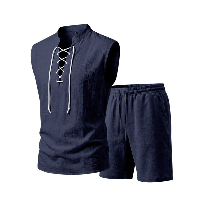 🧵 ¡50% DE DESCUENTO POR TIEMPO LIMITADO! ✨ Conjunto de lino sin mangas para hombre: top y shorts, con cordones, 7 colores ☀️