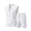 🧵 ¡50% DE DESCUENTO POR TIEMPO LIMITADO! ✨ Conjunto de lino sin mangas para hombre: top y shorts, con cordones, 7 colores ☀️