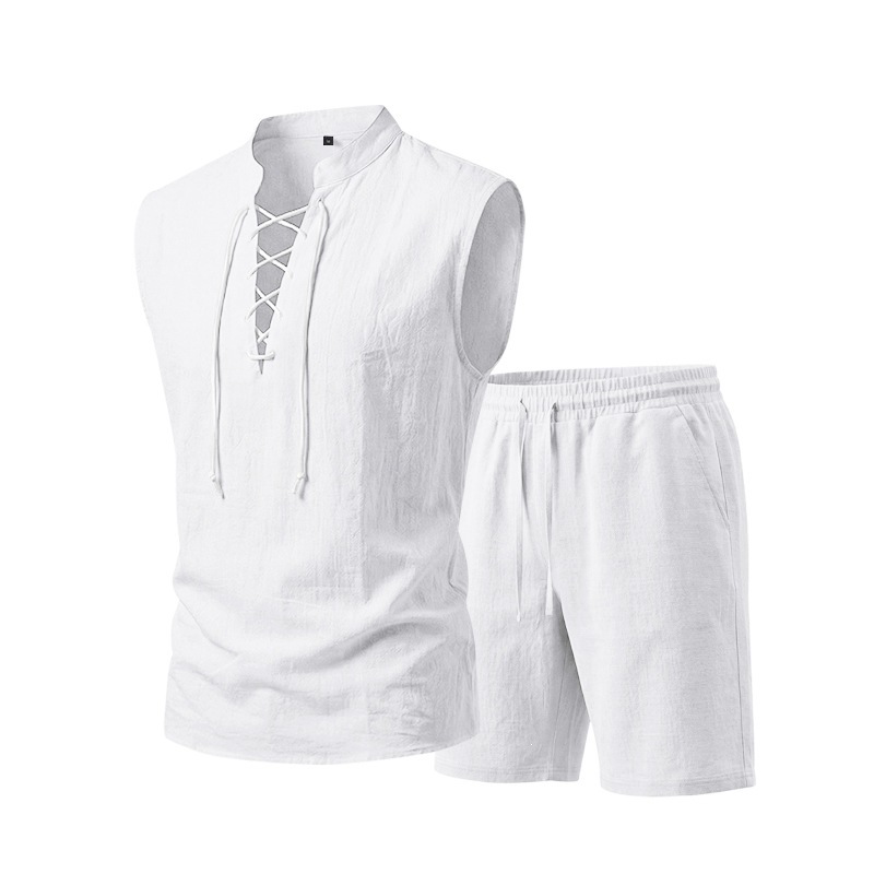 🧵 ¡50% DE DESCUENTO POR TIEMPO LIMITADO! ✨ Conjunto de lino sin mangas para hombre: top y shorts, con cordones, 7 colores ☀️