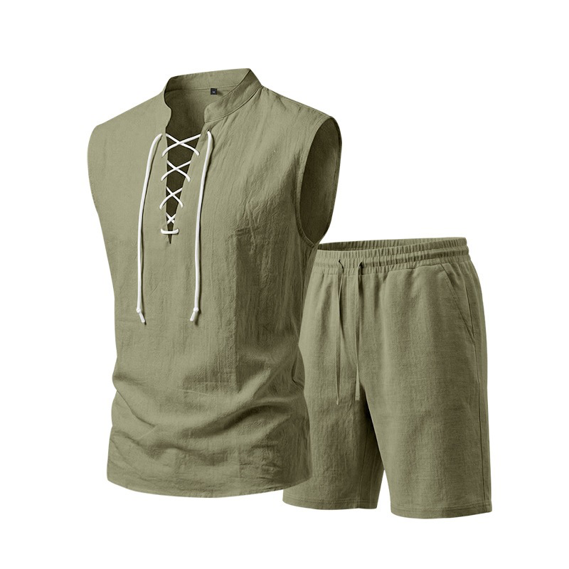 🧵 ¡50% DE DESCUENTO POR TIEMPO LIMITADO! ✨ Conjunto de lino sin mangas para hombre: top y shorts, con cordones, 7 colores ☀️