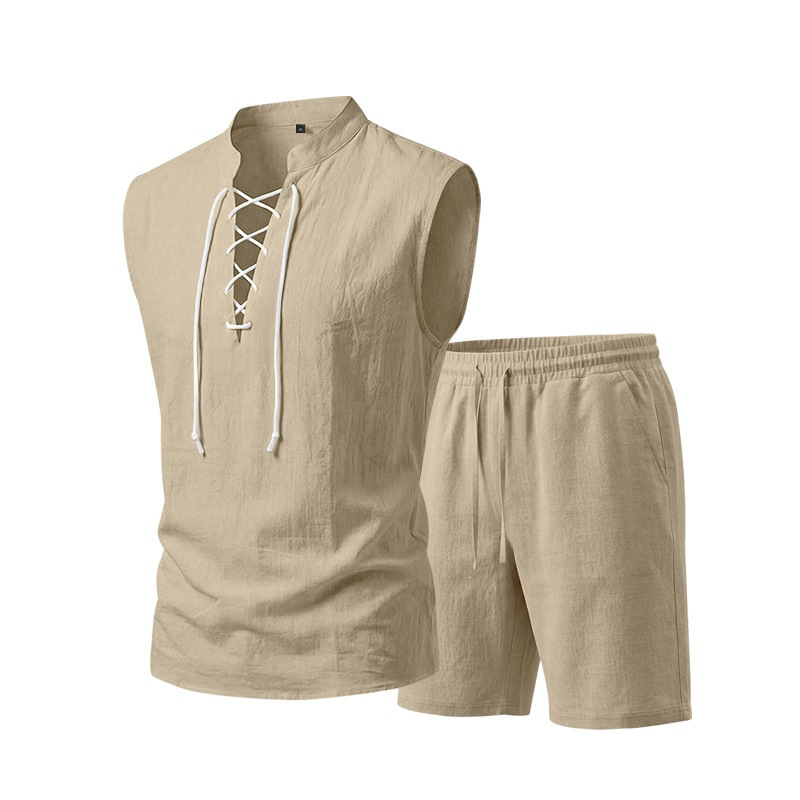 🧵 ¡50% DE DESCUENTO POR TIEMPO LIMITADO! ✨ Conjunto de lino sin mangas para hombre: top y shorts, con cordones, 7 colores ☀️