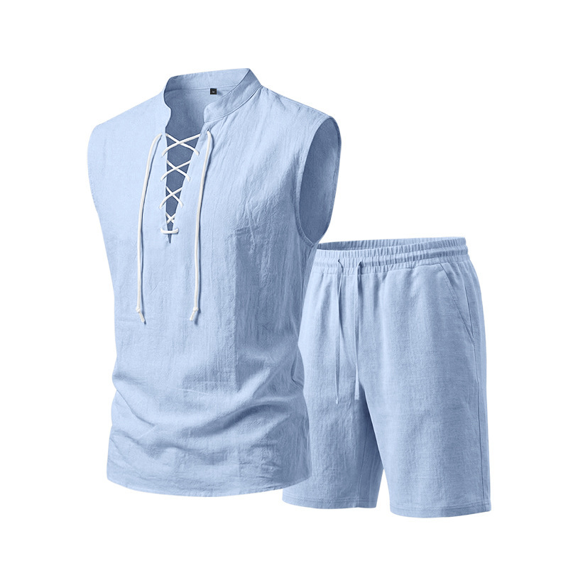 🧵 ¡50% DE DESCUENTO POR TIEMPO LIMITADO! ✨ Conjunto de lino sin mangas para hombre: top y shorts, con cordones, 7 colores ☀️